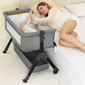 BCOL 3 in 1 Baby Bassinet Bedside Sleeper, Bedside Crib for Baby, Adjustable Baby Bassinet with Wheels, Storage Basket, Mattress, Easy Assemble & Folding Portable Baby Cradle (Grey)
