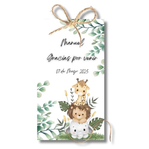 Etiquetas Personalizadas para Bautizo, Baby shower, comuniones o cumpleaños 5x8 cm – Pack 24 Unidades con Cuerda de Yute – Papel 200 g Brillante o Mate – Recuerdos para Invitados (ACABADO BRILLANTE)