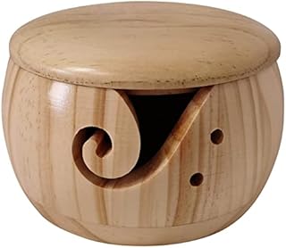 Yarn Bowl, Wooden Yarn Bowl with Lid, Handmade Wooden Wool Bowl with Carved Holes and Drill Holes, Needle and Thread Ball Storage