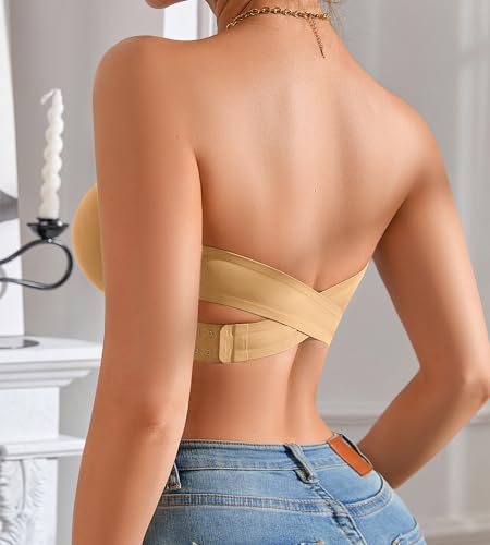 Image of DEANGELMON Strapless Bra for Women Crossover Side Closure Non-Slip Silicone Padded Bandeau Bras Wireless Tube Top Bra