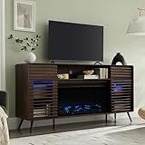 RedLemon Fireplace TV Stand for 80 Inch TV, Mid Century Modern Entertainment Center with 36' Electric Fireplace & Led Lights, Wood Media Console w/Slatted Sliding Doors for Living Room, Dark Walnut