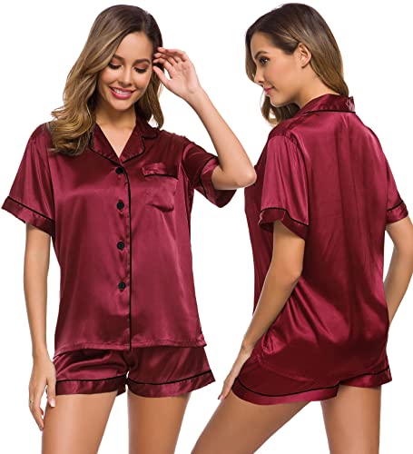 Image of SWOMOG Womens Silk Satin Pajamas Set Short Sleeve Sleepwear Button Down Top and Shorts Loungewear 2 Piece Pjs Set XS-3XL