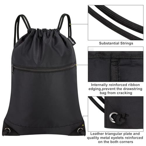 Image of HOLYLUCK Drawstring Bags Backpack Sackpack Cinch Bags for Sports, Gym, Travel, Beach (Black)