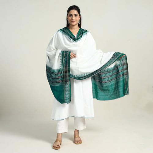 Image of Cotton Dupatta with weaving and Ikat woven border from the Weavers Stole for Girls & Women