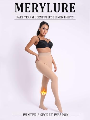 Image of MERYLURE Fleece Lined Tights Women Fake Translucent Winter Warm Thick Pantyhose Thermal Sheer Leggings for All Skin Tone