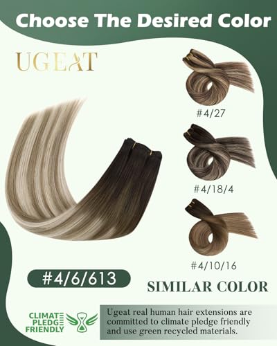 Image of Ugeat Weft Hair Extensions Human Hair, Real Hair Extensions Sew in 14 Inch 80g, Hair Weft Extensions, Chocolate Brown Balayage Medium Brown Mix Bleach Blonde