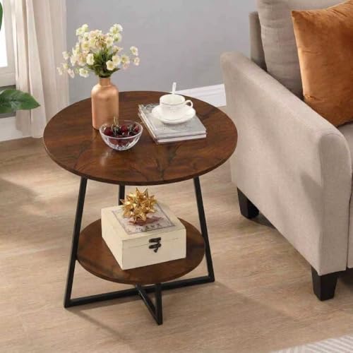 Image of Al Hama Rustic Farmhouse End Table Modern 2 Tier Sofa Side Bedside Table, Metal Frame Nightstand, Multipurpose Living Room Bedroom Coffee Table Black Brown