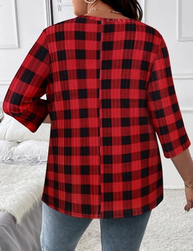 Image of Koscacy Women Plus Size V Neck 3 /4 Roll Sleeve Sweater Casual Knit Tops Solid Color Blouses