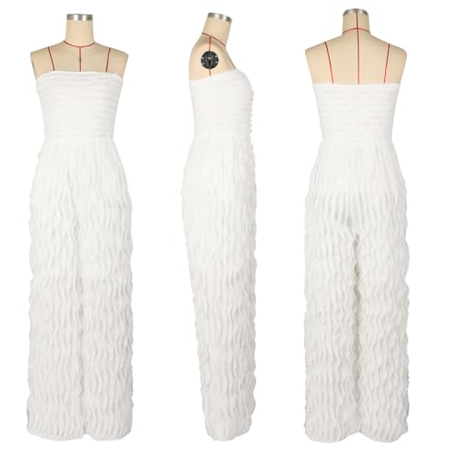 XYZDRESSOR Women Sexy Strapless Tube Backless Jumpsuit See Through V Neck Tie Pleated One Piece Wide Leg Long Pants Romper White XL