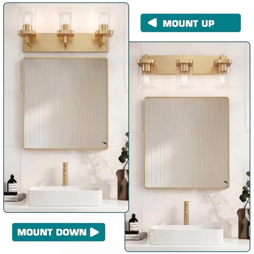 Image of Bathroom Lighting Fixtures Over Mirror, Square Design & Rectangle Large Backplate, 3 Lights Modern Vanity Lighting Fixtures, Bathroom Light Fixtures for Bathroom /Living Room /Bedroom, Gold