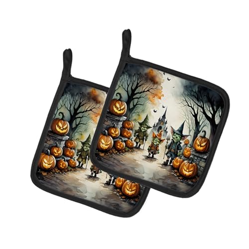 Caroline's Treasures Goblins Spooky Halloween Pair of Pot Holders Kitchen Heat Resistant Pot Holders Sets Oven Hot Pads for Cooking Baking BBQ, 7 1/2 x 7 1/2