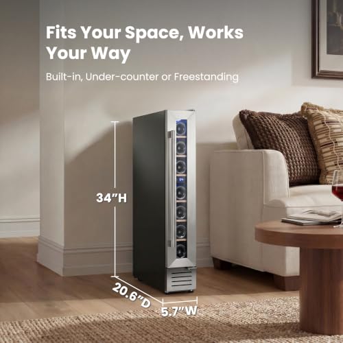 Image of Yeego Wine Fridge - 7 Bottles Small Wine Cooler with Glass Door, 40-65F Built-In Freestanding or Under Counter Refrigerator for Home Bar, Kitchens