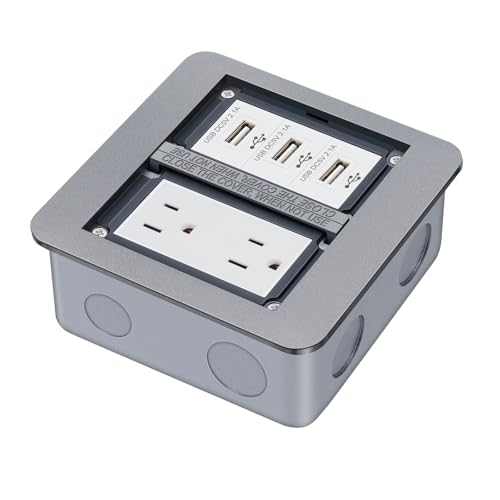 Creemrib Floor Outlet Kit, Recessed Floor Outlet with Cover Plate, 2-Gang Electrical Box with 3 USB Ports and 2 Power Outlets, for Concrete Floors, Industrial and Commercial Use