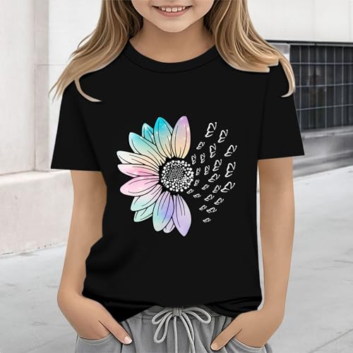 Girls Loose Fit Sunflower Graphic T Shirts Short Sleeve Crewneck Cute Pattern Printed Tops Kids (A-Black, 6-7 Years)4
