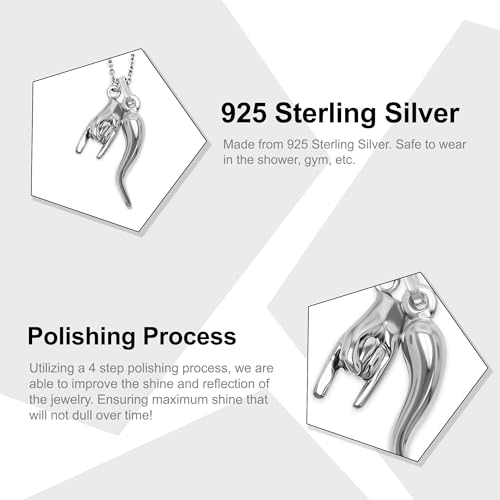 Italian Horn with Hand Sign Pendant - Gold Plated 925 Sterling Silver - 3D Good Luck Sign - Italian Mano Cornuto Hand Symbol - Cornicello Charm Pendant2