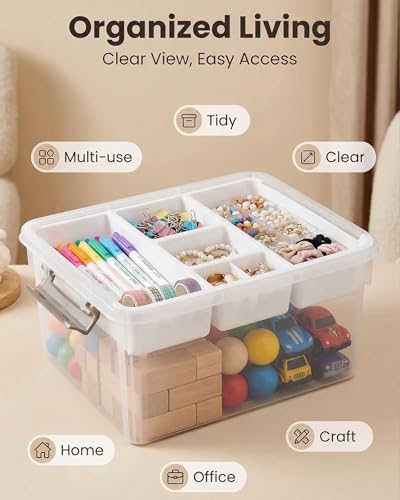 Image of EOENVIVS 17 QT Clear craft storage organizer box with Removable Tray, Plastic storage bins with lids for Kids Art Supplies, Toys, Beads, Tools, Sewing & Classroom Clear+White Bulcket