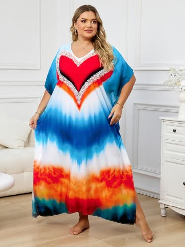 Image of KECVOT Kaftan Dresses for Women V-Neck Print Swimsuit Cover Up Plus Size Beach Caftan Lounge Dress