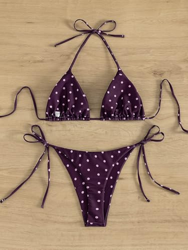 Image of Tainehs Women's Sexy Halter Thong Bikini Tie Two Sides Bottom Triangle Bikini Swimsuits