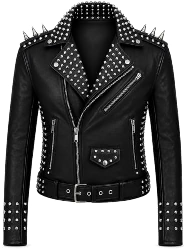 Image of SKEW LTD Mens Black Studded Leather Biker Jacket – Punk Gothic Spiked Moto Rocker Coat