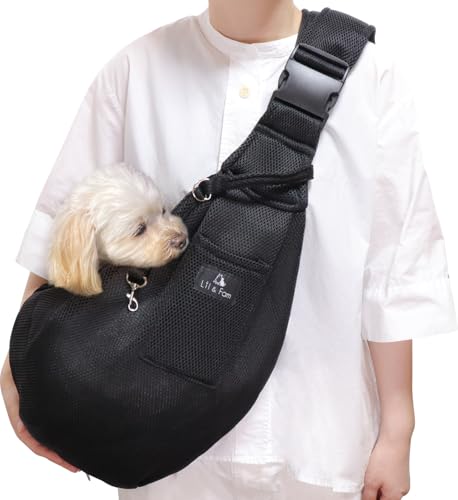Lil&Fam 犬 抱っこ紐 ペットスリング キャリーバッグ ペットバッグ 飛び出し防止 メッシュネット付き 長さ調節可能 猫 キャリー (メッシュブラック)