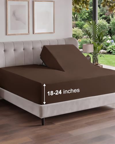 Image of Extra Deep Flex Top Split Head King Fitted Sheet - Hotel Luxury Single Fitted Sheet Only - Easily Fits 18 inch to 24 inch Mattress - Ultra Soft, Wrinkle Free w /Extra Deep Pockets - Brown