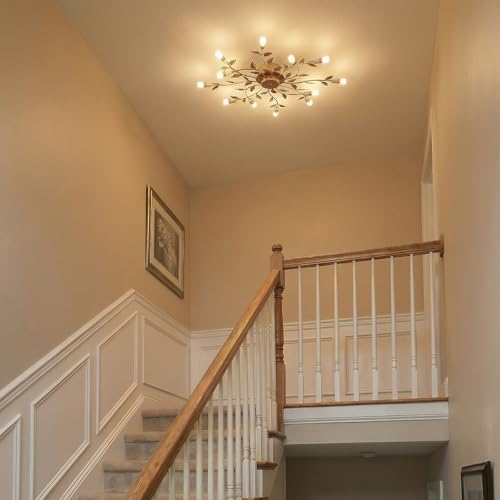 Lucande 31.5\" Rustic Floral Ceiling Chandelier, 12-Light LED, Bronze Finish Close to Ceiling Light Fixture for Bedroom Living Room Dining Room Entryway, Warm White 3000K, Shallow Height