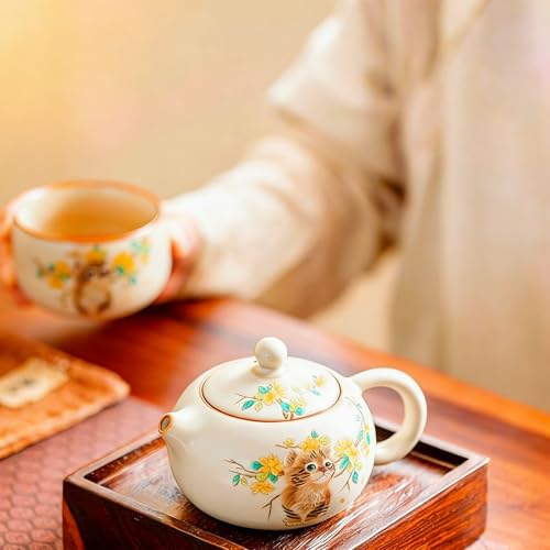 YINYAOCC 6 oz Ice Cracked Glaze Ceramic Teapot, Cute Cat & Floral Chinese Tea Pot, Small Single Serve Teapot for Herbal Tea/Black Tea, Home Decor & Gift for Cat Lovers by YINYAOCC - Image 6