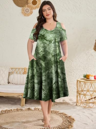 Image of LARACE Plus Size Women Dress for Summer, Midi Women's Sundress, Casual V-Neck Short Sleeve Flowy T-Shirt Dresses with Pockets