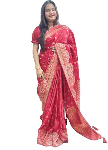 Image of Women's Banarasi Silk Georgette Saree Featuring Silver Sequin And Mirror Work