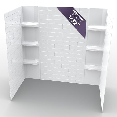 Noah William Home Lightweight Polystyrene Tub Wall Surround D32 x W60 x H58 - Waterproof, Easy-to-Install, Includes Two Shelf Units - Bathtub Wall Surround Panels, Subway Tiles Pattern