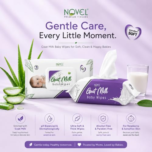 Image of Novel Goat Milk Baby Wipes 72 Wipes x Pack of 6 (432 Wipes) | Caprae Lac, Aloe Vera, Vitamin E Enriched | pH Balanced, Alcohol, Hypoallergenic & Paraben-Free | Extra Thick & Moist wet | Anti Rash Soft Gentle Baby Wipes with Lid