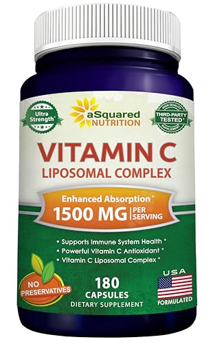 aSquared Nutrition Vitamin C Liposomal Complex - 1500mg Supplement - 180 Capsules - High Absorption VIT C Ascorbic Acid Pills - Supports Immune System & Collagen Health - 90 Servings