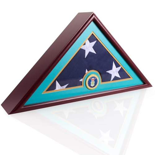 DECOMIL- 5x9 Flag Display Case Shadow Box Flat Base with Cherry Finish with Armed Forces Branch Emblems