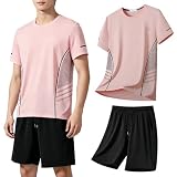 [Ｋａｙｉｙａｓｕ] スポーツウェア メンズ 上下セット 夏服 半袖tシャツ ショートパンツ ランニングウェア トレーニングウェア カジュアル 薄手 吸汗速乾 無地 通気防臭 部屋着 大きいサイズ(L ピンク)
