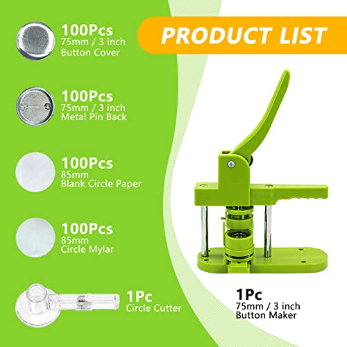 UPISON Máquina de Fazer Botões de 75 Mm, Kit de Fabricação de Botão de Pressão de Crachá Verde de 3