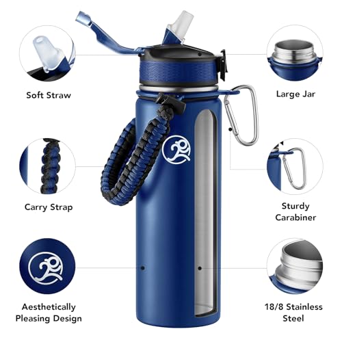 Image of GOSWAG 24oz Insulated Stainless Steel Travel Water Bottle, 2 Lids | with straw and no straw, Paracord handle, Double-wall vacuum keeps drinks cold or hot, Leakproof tumbler