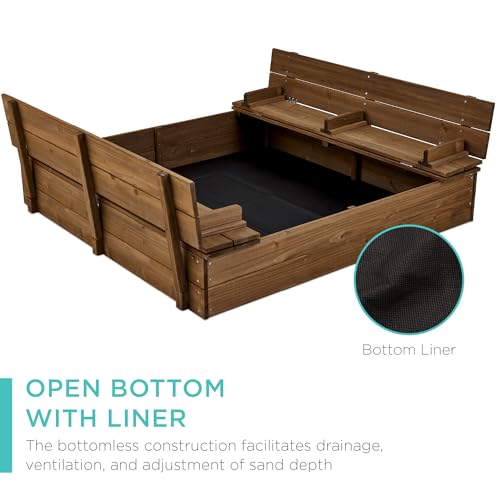 Image of Best Choice Products Large Outdoor Wooden Sand Box for Kids, Sandbox with Cover, Bench Seats Support up to 220 lbs, Bottom Liner for Drainage, Cedar Wood - Walnut