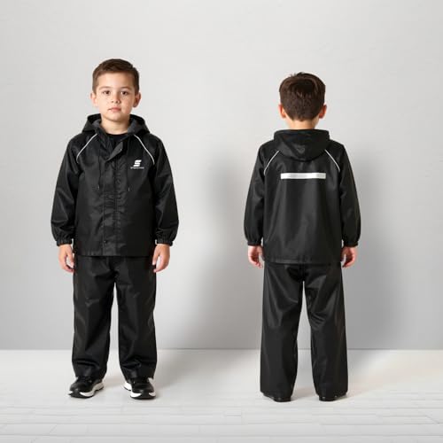 Image of Amazon Brand - Symactive Reversible Double Layered Standard Length Hooded Raincoat with Pants for Kids (Unisex) | Waterproof | Elastic Cuffs | Age 11-13 Years | Black