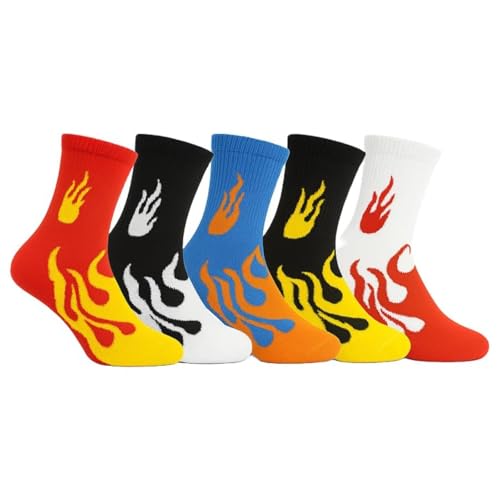 Image of Pack of 5 Flame Pattern Crew Socks | Colorful Fire Design Crew Length Cotton Socks for Men & Women | Breathable, Soft & Durable | Casual, Gym & Streetwear Socks | Multicolor