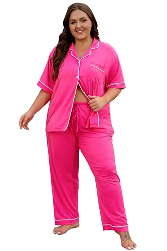 Vozanet Women's Plus Size Pajamas Button Down Shirt and Pants Soft Lounge Sets Bride Nighty Bottom with Pockets 1x to 5x