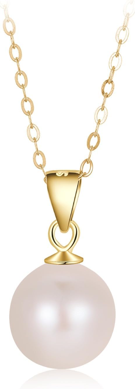 AAA+ Quality Freshwater Pearl Pendant Necklace | 8.5mm Round White Pearl on 925 Sterling Silver | 18-19 inch length Golden Chain Pearl Pendant for Women