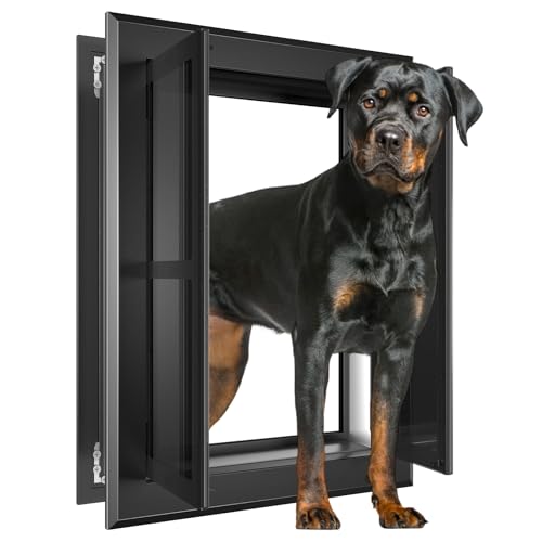 PATAPLUS Aluminum French Extra Large Dog Door Heavy-Duty with Strong Double Magnetic Flaps & Aluminum Telescoping Tunnel for X-Large/Large Dogs Up to 200LBS - Black