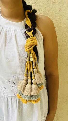 Image of Zippy Flora Handmade Boho Juhi Parandi (Mustard) | Traditional Indian Hair Accessory | Elegant Braided Paranda with Tassels | Ethnic Choti Hair Extension for Women & Girls