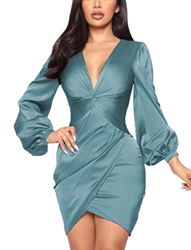 Deftsharp Women's Sexy Long Sleeves Ruffle Formal Bodycon Midi Elegant Cocktail Classy Dresses Royal Cyan #TOP4