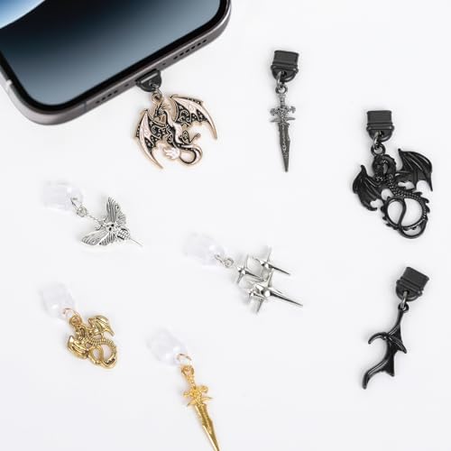 TAKEALOOKO 8 Pack Dust Plug Charms for Kindle - Wyvern Dragon and Dagger Charging Port Cover, Mystical Aesthetic Pendants for Phone Type C/USB C, Gift for Witchy Bookish Students E-Reader Accessory