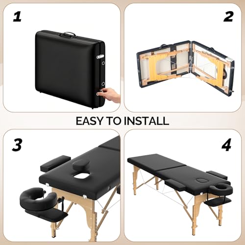 OmySalon Massage Table Portable Massage Bed, 84\" x 24\" 2-Fold Salon SPA Tattoo Bed Lash Table Height Adjustable with Carrying Bag, Face Cradle & Wooden Frame, Black