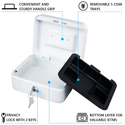 Image of KYODOLED Medium Cash Box with Money Tray,Small Safe Lock Box with Key,Cash Drawer,7.87 inchx 6.30 inchx 3.54 inch White Medium