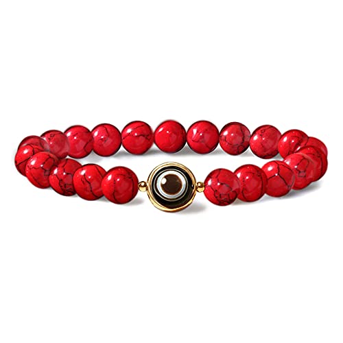 L&C Feng Shui Black Obsidian Wealth Bracelet - 8MM 10MM Women Mens Bracelets Natural Black Obsidian Crystal Evil Eye Agate Bring Luck Prosperity Elastic Stretch Beaded Bracelet for Woman Men (8MM-Red howlite)
