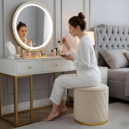 Image of Premium Velvet Ottoman Stool | Modern Round Pouffe with Gold Base | Multipurpose Seating | Living Room & Bedroom Decor (Cream Set of 2)