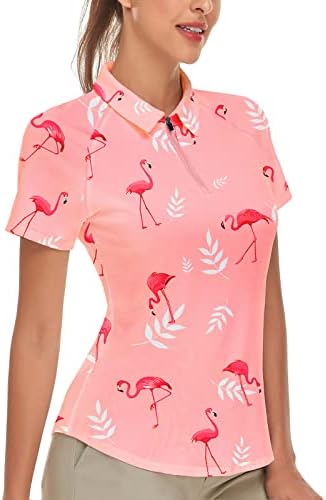 Soneven Womens Short Sleeve Golf Polo Shirt Quick Dry Floral Tennis Shirts Half-Zip Athletic Sports Tops(D-Pink Flamingo, Medium)